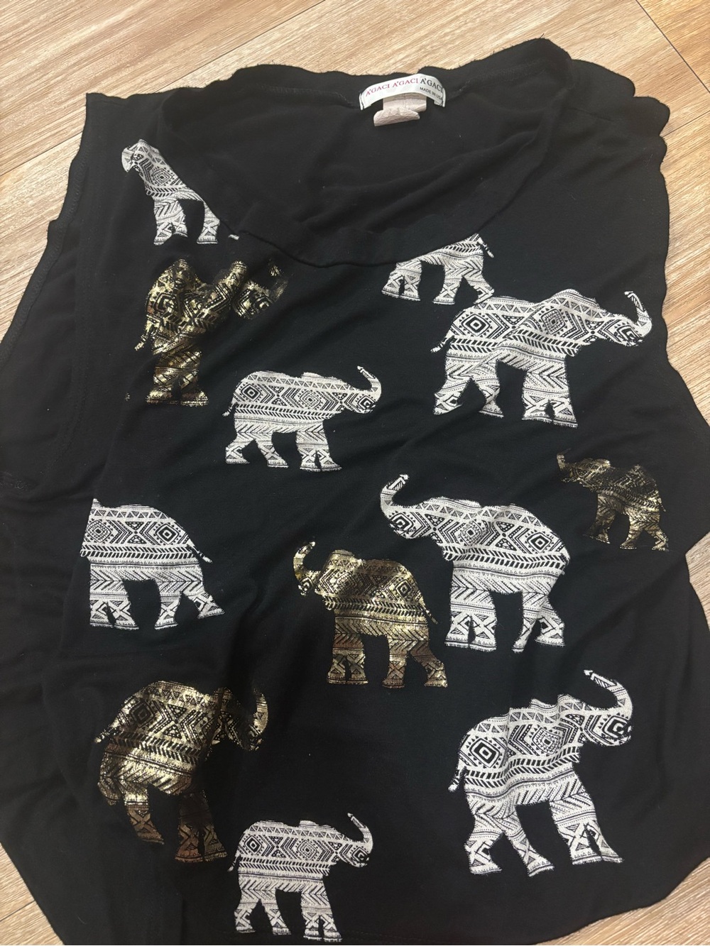 Black Elephant Print Tank Top with Gold Accents size large